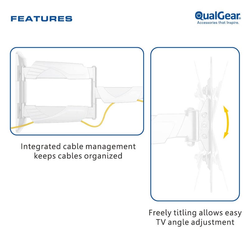 QualGear كوالجير Qg-TM-005-WHT حامل تلفاز حائط بحركة كاملة بتصميم عصري عالي الجودة مقاس 23 إنش إلى 42 إنش، أبيض [معتمد من UL] - Image 4